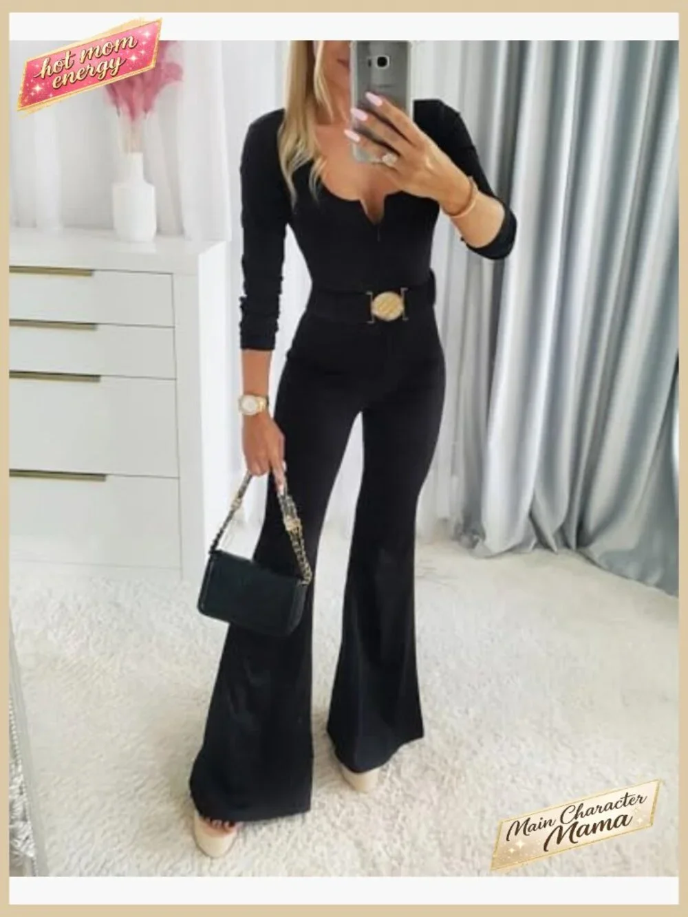 Long Sleeve U-Neck Zipper Front Jumpsuit with Belt Flared Pants - Picture 3 of 7